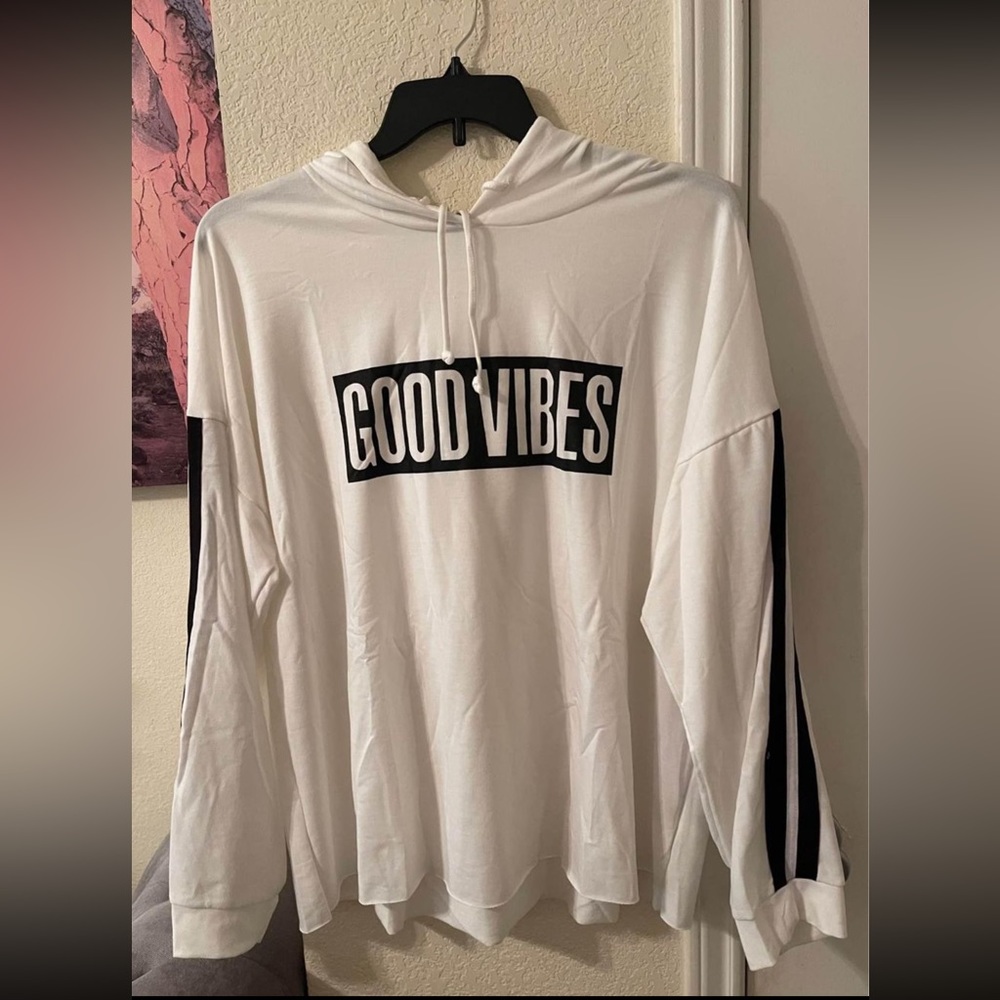 Plus Size Womens White Good Vibes Only Thin Hoodi… - image 1